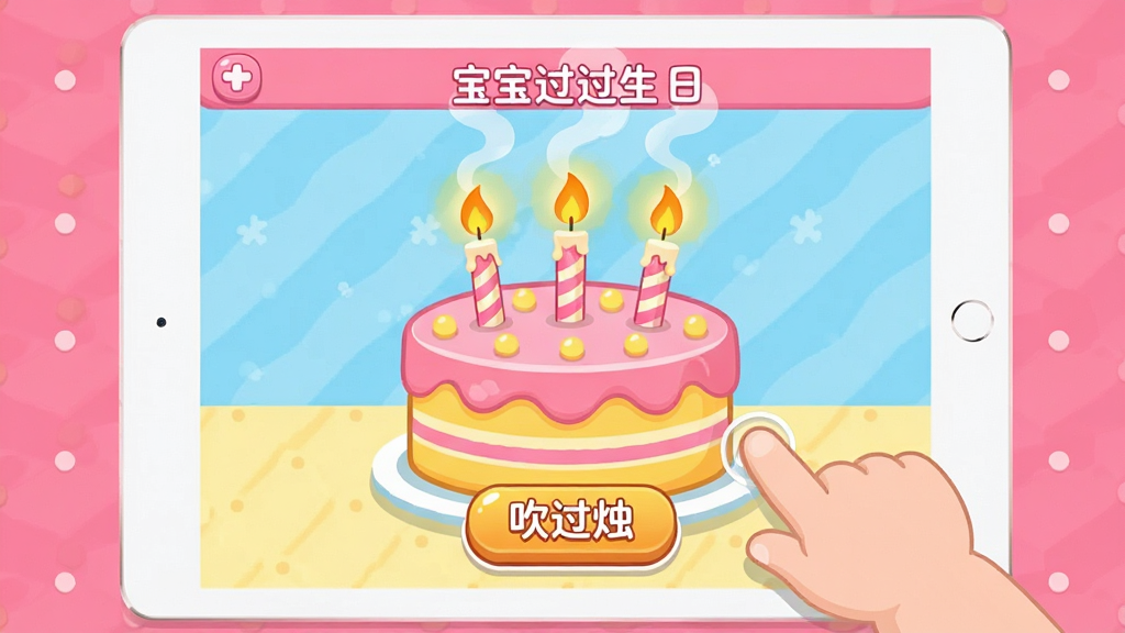一部平板电脑屏幕上显示“宝宝过生日”软件的吹蜡烛游戏界面,屏幕上有一个大蛋糕,蛋糕上插着三根点燃的蜡烛,屏幕下方有“吹蜡烛”按钮,一个宝宝的手指正点击屏幕,蜡烛上方出现烟雾效果,布局为平板居中,蛋糕占据屏幕中央,按钮位于下方,风格为卡通扁平化游戏UI,色彩以粉色、黄色、白色为主,细节包括蜡烛火焰光晕、烟雾半透明效果、按钮立体感,画质高清,干净,无多余元素