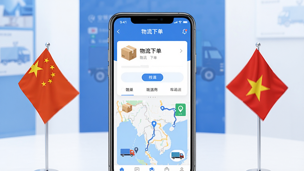 安通中越速运手机端应用主界面展示,画面中央放置一部智能手机,屏幕显示物流下单页面和地图轨迹追踪功能,背景为简洁的蓝白商务风格,左侧点缀中国国旗元素,右侧点缀越南国旗元素,整体布局采用居中对称排版,风格为现代扁平化UI设计,细节包含货物纸箱图标和货车运输元素,画质清晰干净,无多余装饰元素