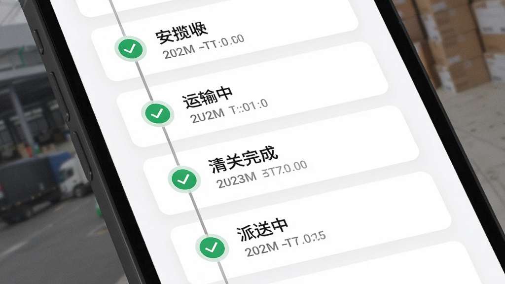 安通中越速运物流轨迹追踪页面展示,画面为手机屏幕内显示时间轴形式的物流节点信息,包含已揽收、运输中、清关完成、派送中等状态标识,背景为白色卡片式布局,风格为清新简约商务风,细节包含绿色对勾图标和灰色时间戳,画质清晰干净,无多余元素