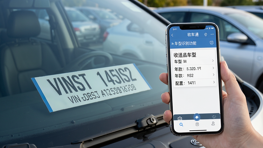 一张展示“收车通”车型识别功能的场景图,画面中一部手机对准车辆挡风玻璃处的VIN码,手机屏幕显示识别出的车型名称、年款与配置信息,背景为室外停车场,光线自然,风格写实,细节包括VIN码清晰可见、手机界面排版整齐、车辆局部入镜,画质高清,干净无多余元素