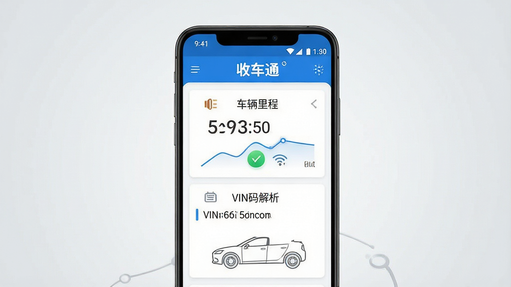 一张展示“收车通”软件数据读取功能的界面示意图,画面主体为一部安卓手机,屏幕显示车辆里程数据与VIN码解析结果,界面采用蓝白配色,布局清晰,背景为浅灰色渐变,风格简洁科技感,细节包括数据图表、连接状态图标、车辆轮廓简图,画质高清,干净无杂乱元素
