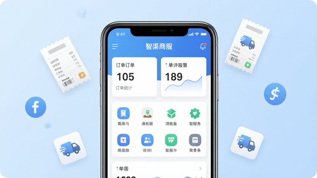 一张展示智渠商服手机应用主界面的场景图,画面中央放置一部智能手机,屏幕显示智渠商服的首页仪表盘,包含订单统计卡片和功能图标,背景为简洁的浅蓝色渐变,周围环绕着漂浮的订单小票和售后服务图标,整体风格清新商务,画质清晰,干净整洁,无多余元素