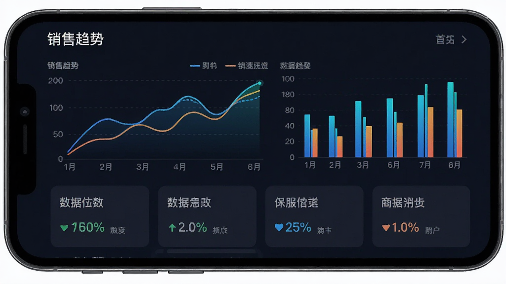 手机屏幕呈现智渠商服的数据报表页面,包含折线图和柱状图组合展示销售趋势,下方有数据摘要卡片,整体采用深色背景搭配亮色数据线条,视觉对比鲜明,风格专业简洁,画质锐利,无多余元素