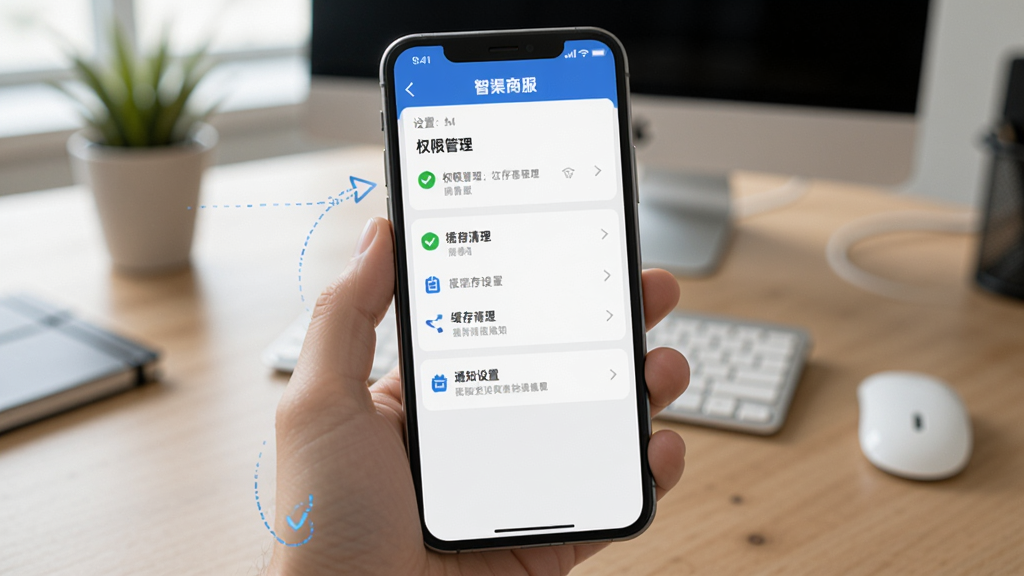 一部手机展示智渠商服的设置页面,包含权限管理、缓存清理和通知设置等选项,画面以手机屏幕为主体,背景为模糊的办公桌面,风格写实,画质清晰,突出操作指引感