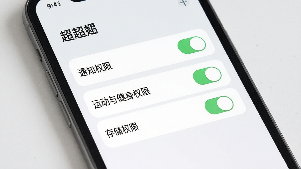 一张展示“超超”应用在手机上运行状态及权限设置界面的图片,画面主体为手机屏幕,屏幕上显示应用权限管理页面,包含“通知权限”“运动与健身权限”“存储权限”三个选项,布局为纵向列表,排版清晰,风格为浅色极简设计,细节上权限开关为绿色开启状态,画质高清,干净,无多余元素。