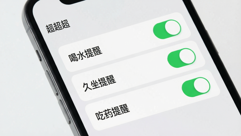 一张展示“超超”应用提醒设置界面的图片,画面主体为手机屏幕,屏幕上显示提醒设置页面,包含“喝水提醒”“久坐提醒”“吃药提醒”三个开关选项,布局为纵向列表,排版简洁,风格为浅灰质感扁平化设计,细节上开关为绿色开启状态,画质高清,干净,无多余元素。
