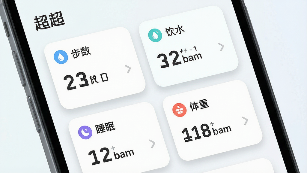 一张展示“超超”应用健康数据面板的图片,画面主体为手机屏幕特写,屏幕上呈现步数、饮水、睡眠、体重四项数据卡片,布局为两行两列网格排列,排版整齐有序,风格为清新浅色系扁平化设计,细节上卡片带有柔和阴影和圆角,画质高清,干净,无多余元素。