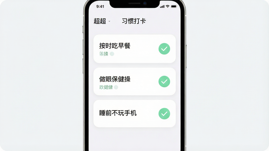 一张展示“超超”应用习惯打卡功能的图片,画面主体为手机屏幕,屏幕上显示打卡列表界面,包含“按时吃早餐”“做眼保健操”“睡前不玩手机”三个打卡项,每项右侧有圆形勾选按钮,布局为纵向列表,排版清晰,风格为柔和圆角卡片设计,细节上打卡项带有浅绿色勾选状态,画质高清,干净,无多余元素。