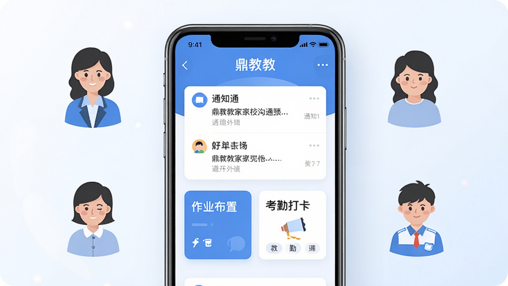 一张展示鼎教教App核心界面的手机场景图,画面中央是一部竖屏智能手机,屏幕内呈现鼎教教家校沟通主页面,包含通知列表、作业布置与考勤打卡卡片,手机周围环绕教师、家长、学生三个角色的简约图标,采用扁平化插画风格,蓝白配色为主,光线柔和,画质清晰,背景干净无多余元素,整体布局居中对称,图中文字标注“鼎教教”