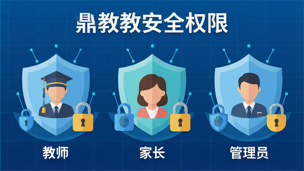 一张表现鼎教教多角色权限与安全防护的示意图,画面中有三个角色图标分别代表教师、家长与管理员,每个图标被盾牌与锁形符号环绕,背景为科技感浅蓝网格,风格为扁平化安全主题插画,布局三角对称,细节包含加密锁、指纹与盾牌元素,画质清晰锐利,图中文字“鼎教教安全权限”