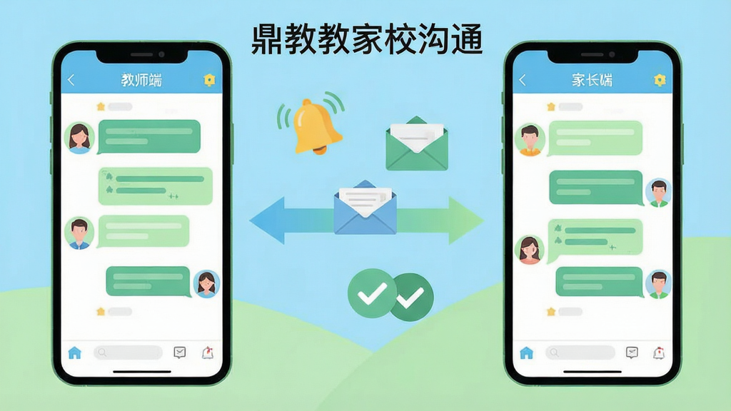 一幅展示鼎教教即时通讯功能的场景插画,画面左侧是教师端手机界面,右侧是家长端手机界面,两个界面之间有箭头连接表示消息互通,中间漂浮着铃铛、信封、对勾等图标象征通知与确认,风格为清新扁平插画,主色调为天蓝与浅绿,布局左右对称,细节包括消息气泡与头像,画质干净清晰,图中出现文字“鼎教教家校沟通”