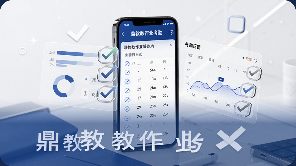 一张表现鼎教教作业与考勤管理功能的AI生图,画面为一部手机展示作业列表与考勤日历,旁边有虚拟的报表图表与勾选标记,风格为现代简约商务风,色彩以深蓝与白色为主,布局采用中心聚焦式,细节包含日历格子、对勾图标与数据曲线,画质高清,背景简洁无杂乱元素,图中文字标注“鼎教教作业考勤”