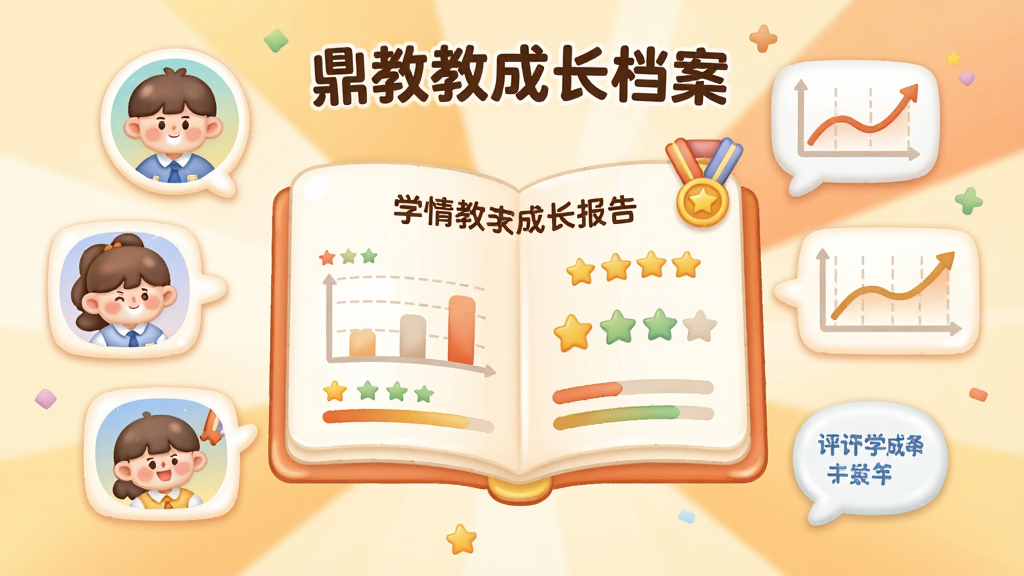 一幅展示鼎教教成长档案功能的插画,画面中央是一份展开的学情报告图表,周围环绕学生头像、奖章、折线图与评语气泡,风格为柔和圆角卡通插画,配色温暖明亮,布局呈放射状围绕中心,细节包含星星评分与进度条,画质细腻干净,图中文字“鼎教教成长档案”