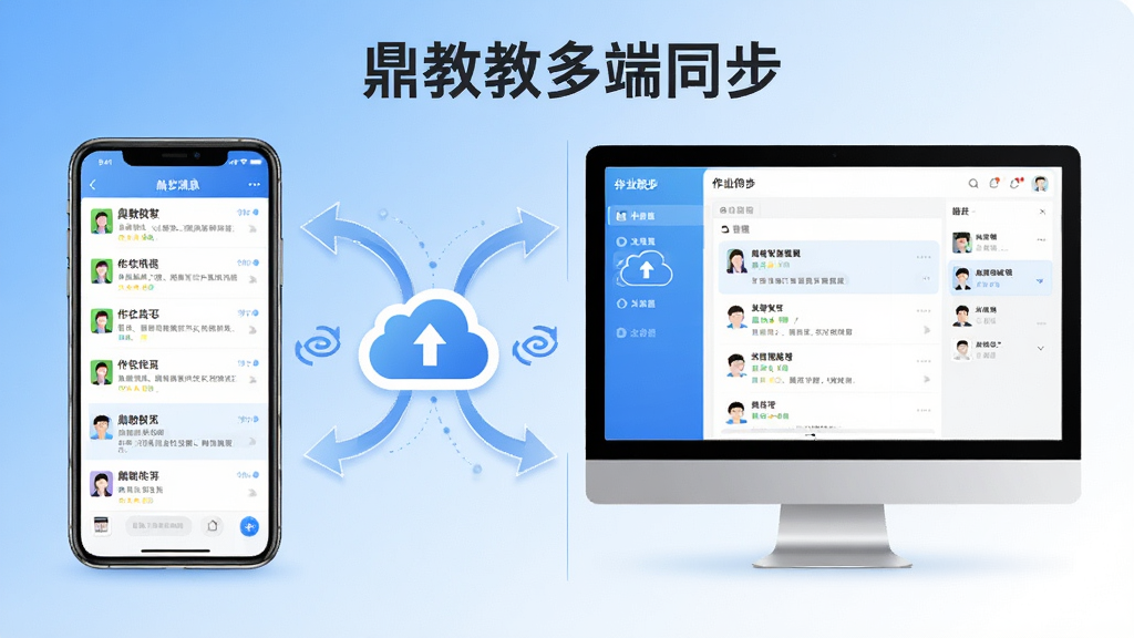 一张展示鼎教教在手机与电脑上同步使用的场景图,画面左侧为手机竖屏显示消息列表,右侧为电脑横屏显示作业管理界面,中间用云同步图标连接,风格为现代科技插画,蓝白渐变背景,布局左右分栏,细节包含同步箭头与设备图标,画质清晰干净,图中文字“鼎教教多端同步”