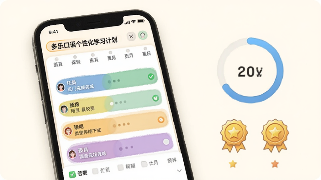 多乐口语个性化学习计划页面图,手机屏幕显示日历式任务列表,每日任务用不同颜色标记完成状态,旁边有进度环和成就徽章,背景为柔和的米白色,风格简约温馨,画面干净整洁。