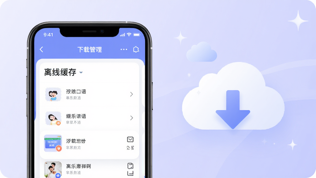 多乐口语离线缓存功能示意图,画面中手机屏幕显示下载管理界面,旁边有云朵和下载箭头图标,背景为淡紫色渐变,风格轻盈现代,细节清晰,画质干净无多余元素。