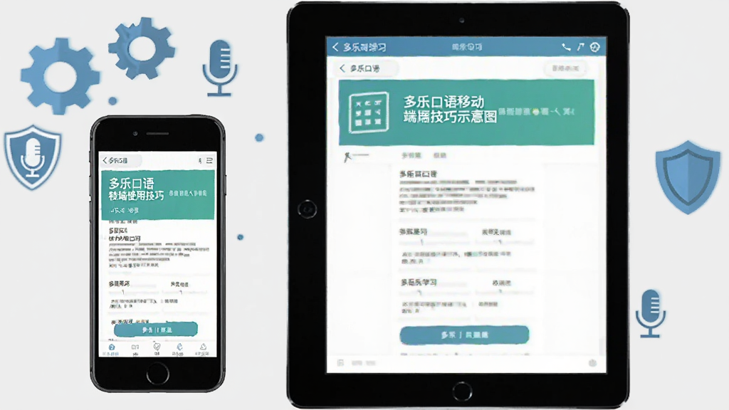 多乐口语移动端使用技巧示意图,画面展示一部手机和一部平板电脑并排摆放,屏幕均显示多乐口语学习界面,周围有齿轮、麦克风和盾牌图标,背景为浅灰色,风格简洁商务,画质清晰干净。