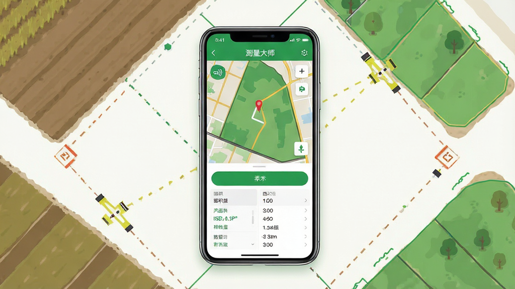 一张展示土地测量大师软件界面的手机场景图,画面中央是一部竖屏智能手机,手机屏幕上显示着绿色的土地测量大师APP主界面,界面中有地图、测量按钮和数据面板,手机周围环绕着农田、地块和测量标记线,布局简洁清晰,风格为现代科技感扁平化设计,细节包括GPS信号图标、面积数值显示和地块轮廓线,画质高清,干净整洁,无多余元素