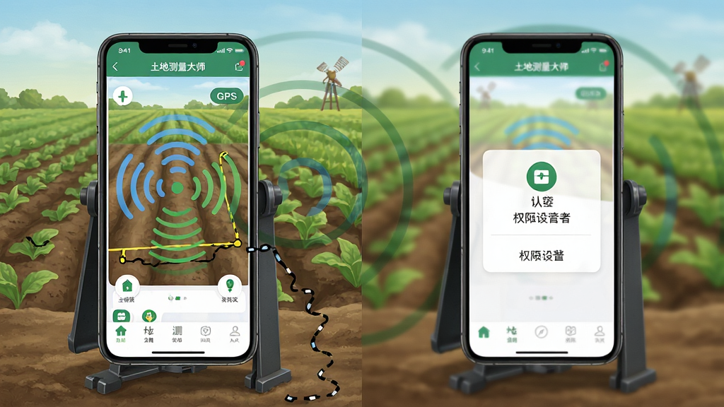 土地测量大师移动端使用攻略示意图,画面展示一部手机在农田中使用的场景,手机屏幕显示土地测量大师APP正在测量,画面中有GPS信号波纹和权限设置图标,布局为左右分栏,风格为写实插画风,细节包括农田背景、手机支架和测量轨迹线,画质高清,干净无多余元素