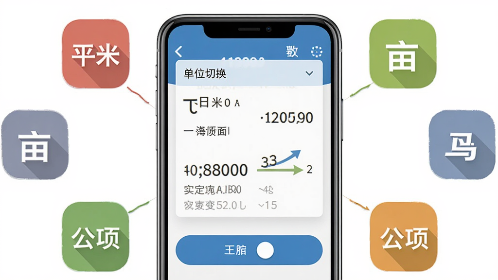 土地测量大师多单位切换功能界面图,画面主体是一部手机,屏幕上显示单位切换下拉菜单和面积数值实时变化效果,手机旁边有平方米、亩、公顷等单位的图标环绕,布局为居中构图,风格为扁平化设计,细节包括单位符号、数值变化动画和切换按钮,画质清晰,干净无多余元素