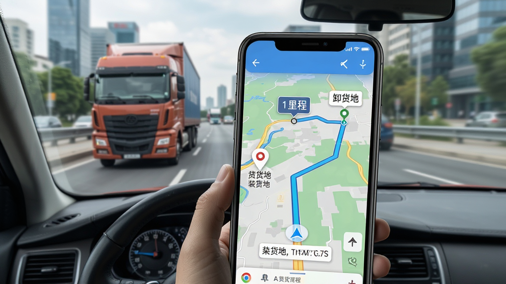 货运司机运货路线导航功能展示图,画面中手机屏幕显示地图导航路线,起点为装货地,终点为卸货地,沿途标注里程与预计时间,背景为城市道路与货车行驶场景,风格写实,细节丰富,画质高清,干净,无多余元素