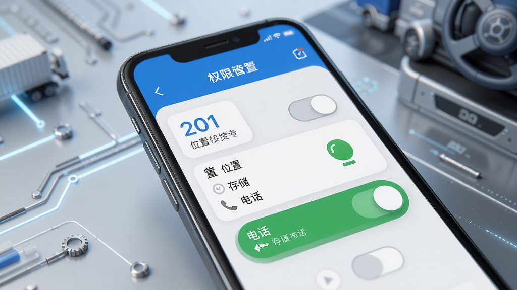 货运司机运货手机安装与权限设置示意图,画面展示手机屏幕中应用权限管理界面,包含位置、存储、电话等权限开关,背景为简洁的科技风格,布局清晰,风格写实,细节到位,画质高清,干净,无多余元素