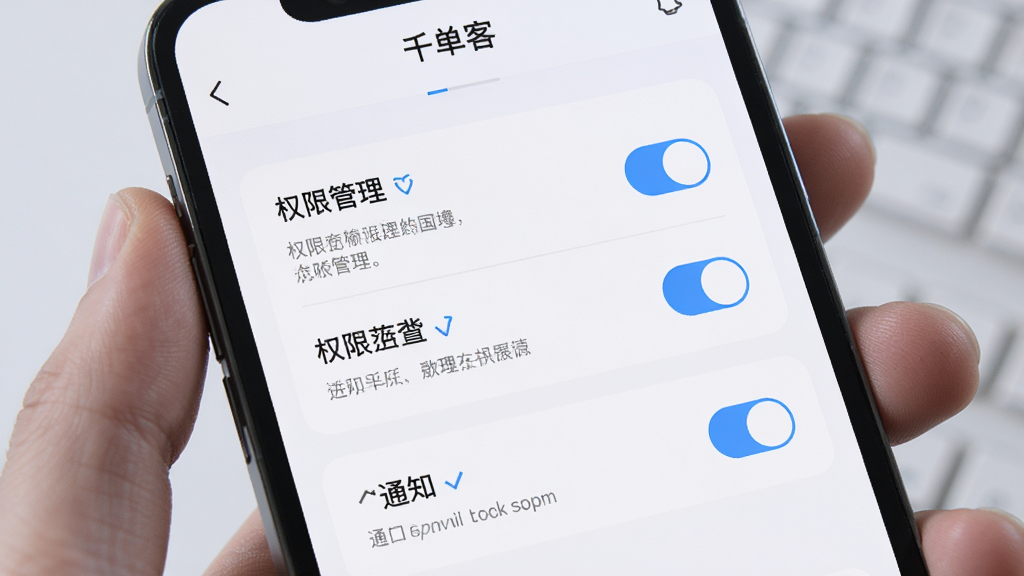 AI生成图片,主体是一个手机屏幕显示“千单客”应用设置页面,布局为权限管理列表和通知开关选项,排版简洁,风格为科技感浅色系,细节包括开关按钮和文字说明,画质清晰,干净,无多余元素