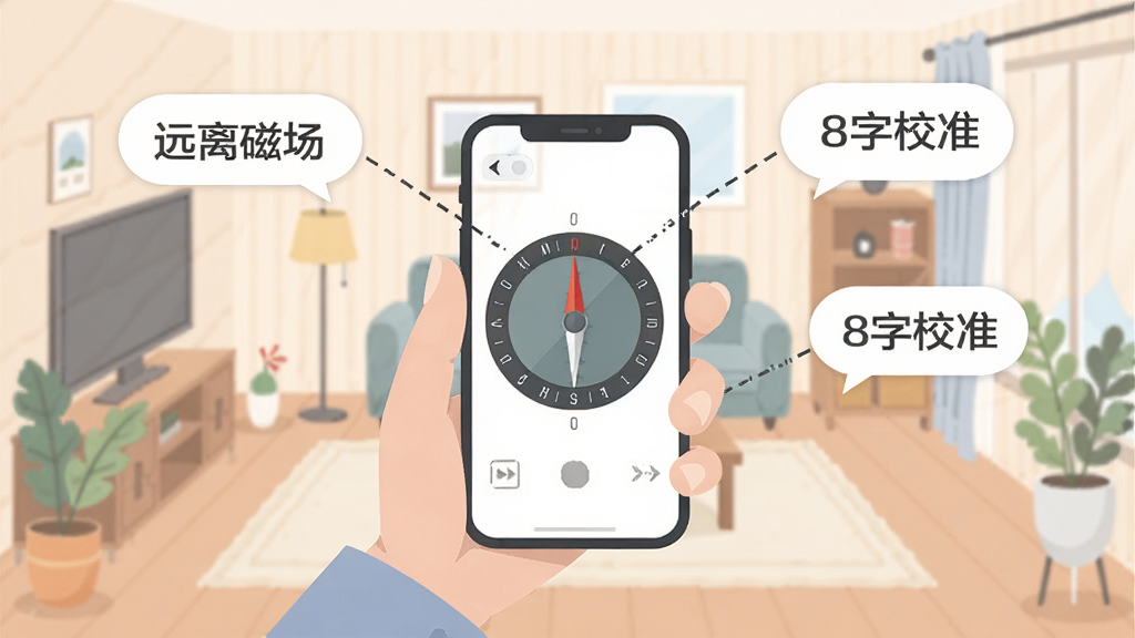 风水方位指南针移动端使用攻略示意图,画面展示一位用户正站在房间中央手持手机进行测量,手机屏幕显示罗盘界面,周围用虚线标出了“远离磁场”、“8字校准”等提示气泡,风格为扁平化插画,色调柔和,信息清晰易读
