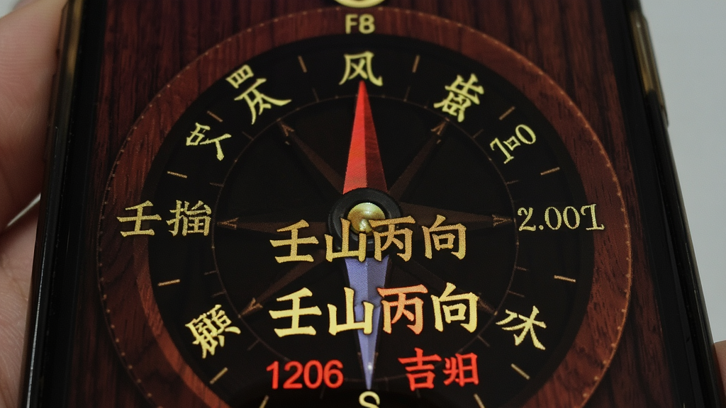 风水方位指南针方位度数吉凶解析界面,画面聚焦手机屏幕底部,显示着当前罗盘指向的度数以及对应的“壬山丙向”等字样和吉凶提示,文字为金色与红色搭配,背景为深色木质纹理,画面清晰,信息层级分明