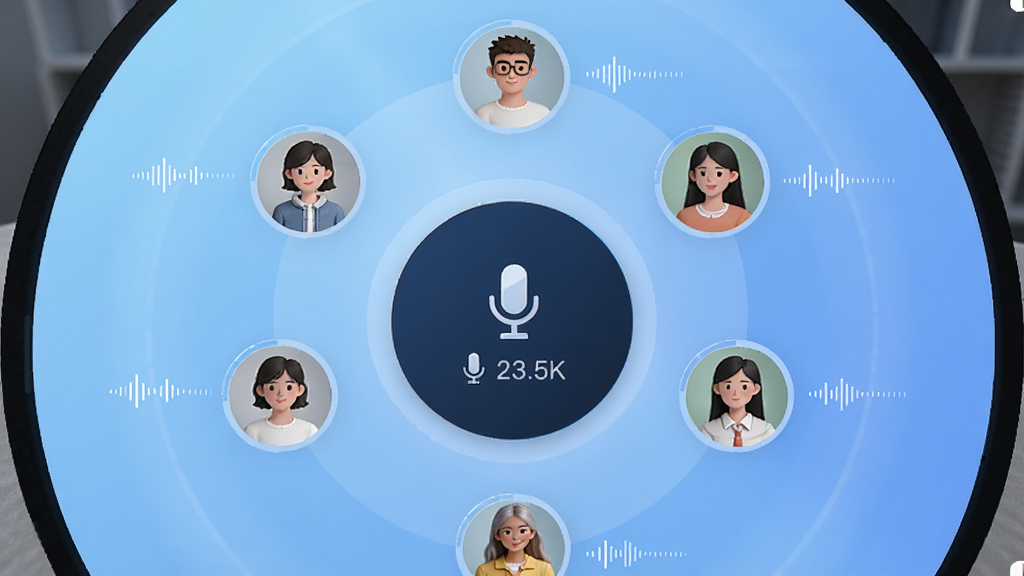 小鹅语音实时语音房间功能展示图,画面主体是一个圆形语音房间界面,多个用户头像围绕中心排列,每个头像旁有语音波动条,背景为柔和的渐变蓝色,布局对称,风格现代科技感,细节上显示麦克风图标和在线人数,画质清晰,干净,无多余元素