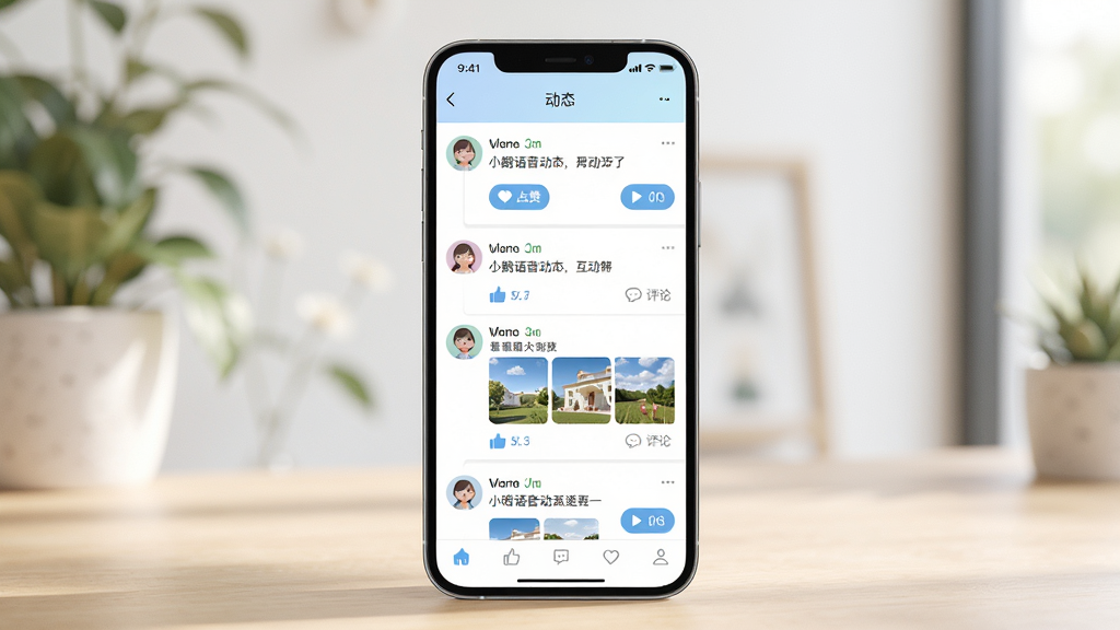 小鹅语音动态社区互动功能展示图,画面中央是手机屏幕,屏幕内呈现动态信息流,每条动态包含用户头像、文字内容、图片缩略图和点赞评论按钮,布局为垂直列表,风格清新明亮,细节上显示语音动态的播放按钮,画质干净,无多余元素