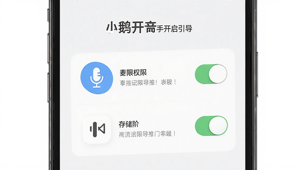 小鹅语音新手操作引导界面预览图,画面主体是手机屏幕,屏幕内展示权限开启引导页面,包含麦克风权限和存储权限的开关按钮,布局为垂直列表,风格简洁明快,细节上突出权限图标和说明文字,画质清晰,干净,无多余元素