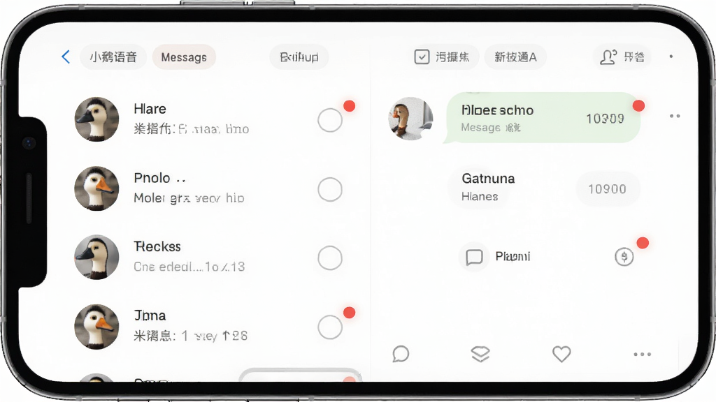 小鹅语音好友管理与消息通知界面展示图,画面主体是手机屏幕,屏幕内显示好友列表和未读消息红点提示,布局为左右分栏或上下结构,风格简约商务,细节上突出消息气泡和好友分组标签,画质清晰,干净,无多余元素