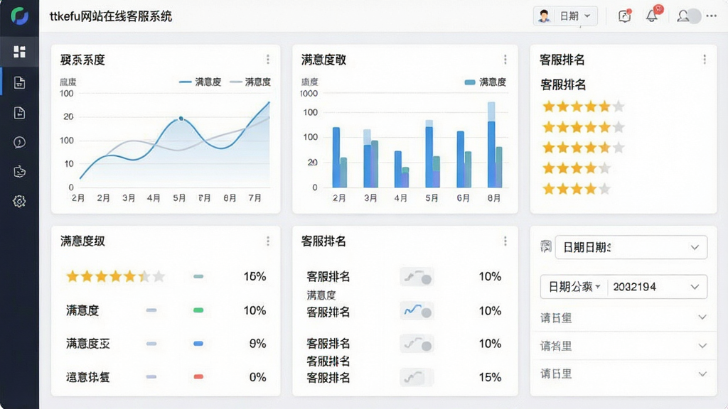 一张数据统计与绩效看板展示图,画面主体为在线客服系统的数据仪表盘,布局采用卡片式网格排列,排版整齐,风格为现代数据可视化风,细节包含折线图、柱状图、满意度星级、客服排名列表、日期筛选器,画质高清干净,无多余元素,界面文字包含“ttkefu网站在线客服系统”