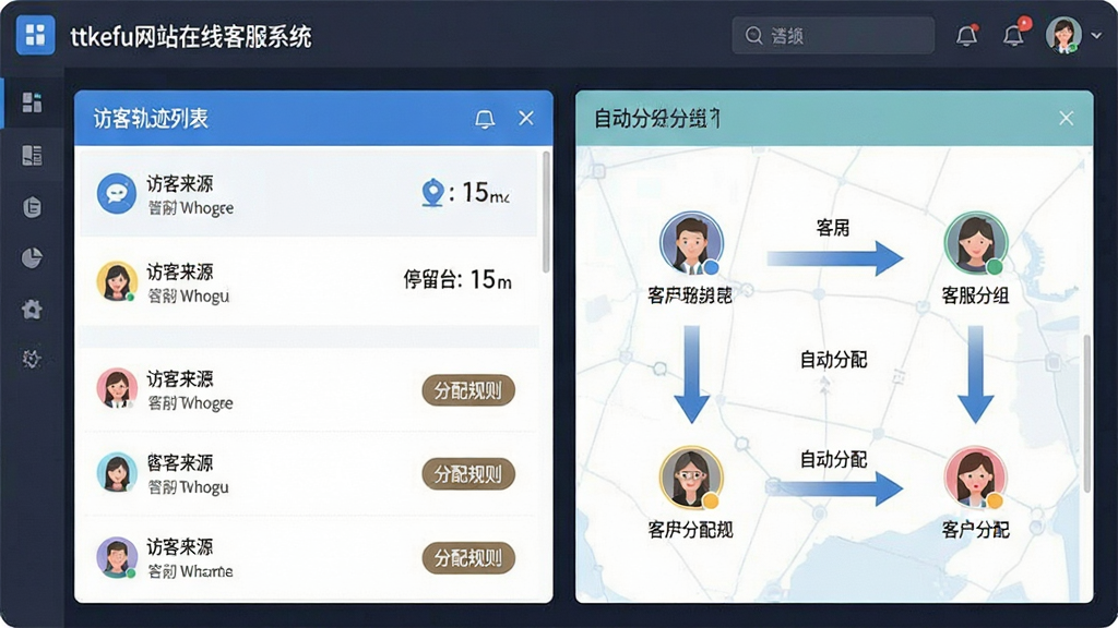 一张智能分配与访客追踪功能示意图,画面主体为在线客服后台的访客管理面板与分配流程图,布局采用左右分栏,左侧展示访客轨迹列表,右侧展示客服分组与自动分配箭头,排版清晰直观,风格为扁平化信息图风,细节包含访客来源图标、停留时长数字、客服头像、分配规则标签,画质清晰干净,无多余元素,界面文字包含“ttkefu网站在线客服系统”