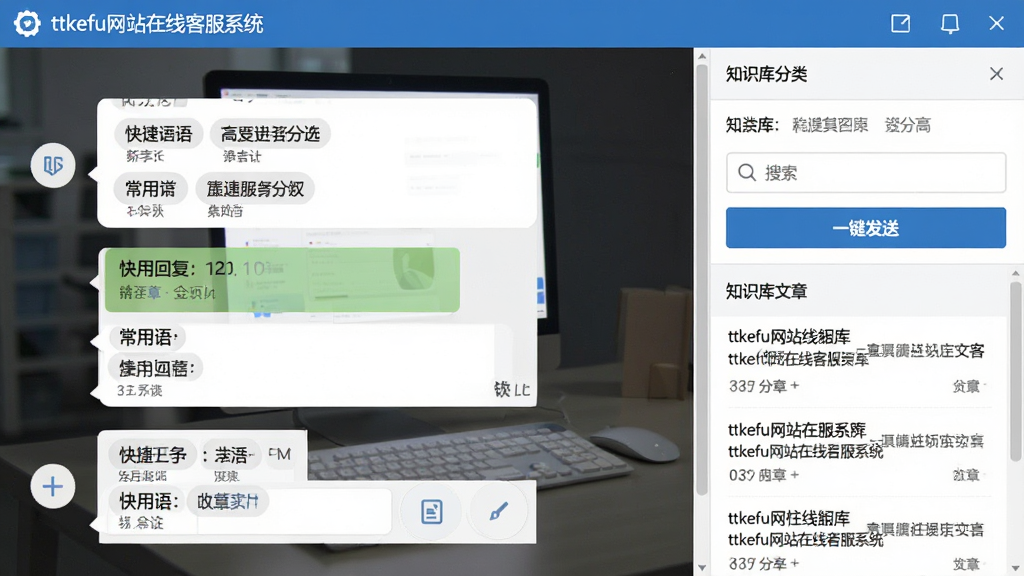一张快捷回复与知识库界面展示图,画面主体为客服聊天窗口旁的快捷回复面板与知识库分类列表,布局采用右侧边栏展开式,排版紧凑合理,风格为清爽办公风,细节包含常用语分组标签、搜索框、一键发送按钮、知识库文章条目,画质清晰干净,无多余元素,界面文字包含“ttkefu网站在线客服系统”