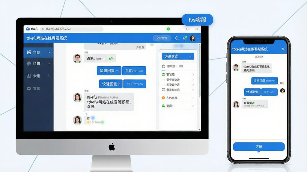 一张软件产品展示图,画面主体为ttkefu网站在线客服系统的聊天界面窗口与网站客服悬浮按钮,布局采用居中构图,左侧展示PC端网页客服窗口,右侧展示手机端客服对话界面,排版整齐有序,风格为现代简约商务风,细节包含访客头像、对话气泡、快捷回复按钮、访客轨迹面板、在线状态指示灯,画质清晰干净,无多余元素,整体色调以蓝白为主,文字内容为中文界面“ttkefu网站在线客服系统”