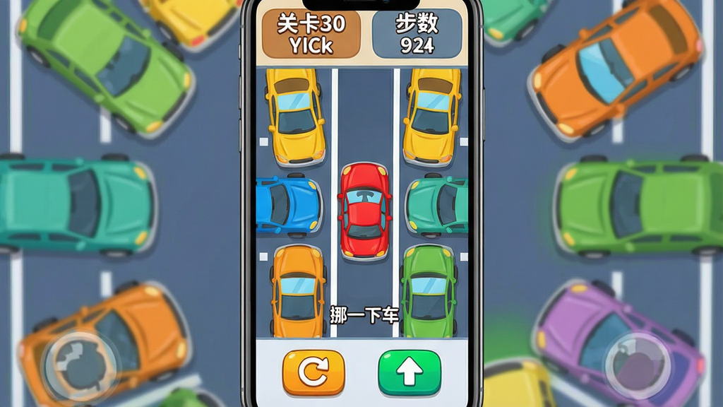 一张手机屏幕展示停车场俯视视角的益智游戏画面,画面中央有一辆红色小汽车被多辆不同颜色的车辆包围,玩家需要移动其他车辆为红色小车让出通道。界面顶部显示关卡数和步数,底部有重置和提示按钮。整体风格为卡通扁平化设计,色彩明亮,画质清晰干净,无多余元素,画面中带有文字“挪一下车”