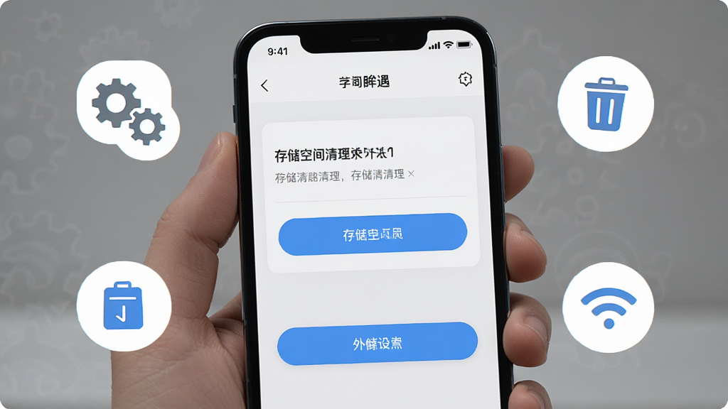 一张展示眸遇移动端操作界面的图片,画面主体为手持手机,屏幕显示设置页面中的存储空间清理选项,周围有齿轮、垃圾桶、Wi-Fi信号等图标,布局为手持特写居中,风格简洁实用,细节包括圆角按钮、浅灰背景、蓝色高亮文字,画质高清,画面干净,无多余元素。