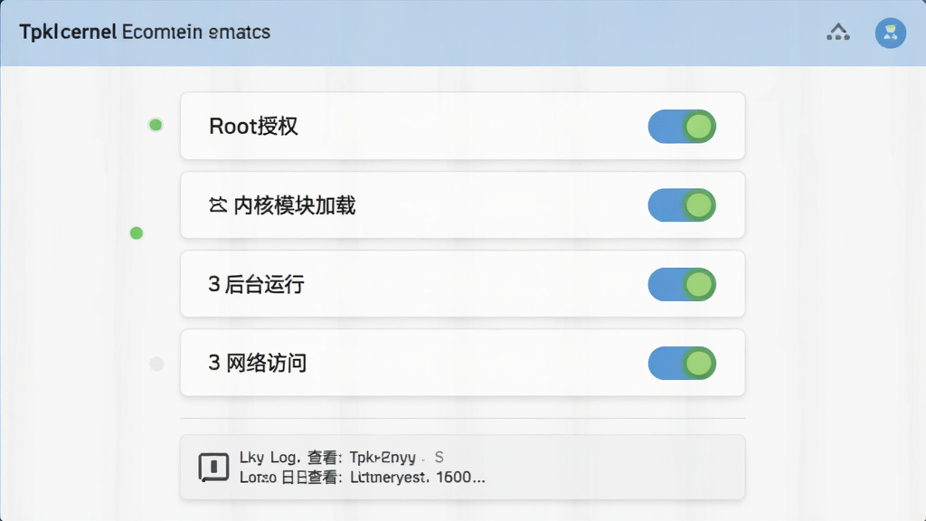一张展示Tpkernel权限管理界面的图片,画面中央为权限开关列表,包含Root授权、内核模块加载、后台运行、网络访问等选项,每个选项右侧带有开关按钮与状态指示灯,界面底部有日志查看入口,整体采用浅色卡片式布局,风格简洁明了,画质高清,干净无多余元素