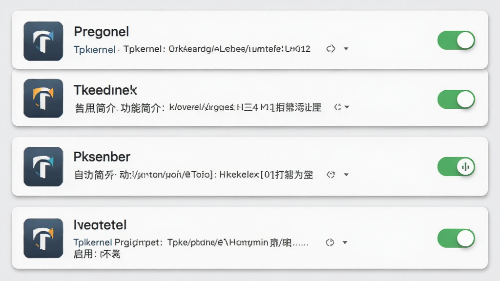 一张展示Tpkernel插件管理界面的图片,画面主体为插件列表,每个插件以卡片形式展示,包含插件图标、名称、功能简介与启用开关,卡片排列整齐,背景为浅灰色,卡片带有轻微阴影效果,整体风格清新简约,画质高清,干净无多余元素