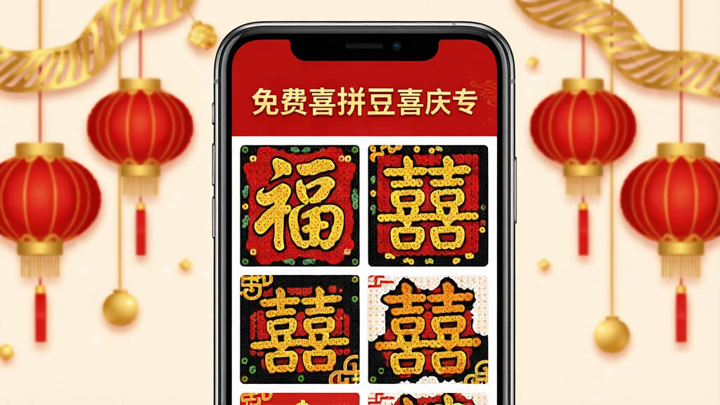 一幅展示免费喜拼豆喜庆主题专区的图片,画面主体为手机屏幕中显示红色喜庆风格的拼豆图案集合,布局为手机居中、背景点缀红色灯笼与金色装饰,排版为上方专区标题下方图案网格,风格为节日喜庆风,细节包括红色金色配色、拼豆图纸包含福字和喜字图案、手机界面清晰,画质高清、干净、无多余元素