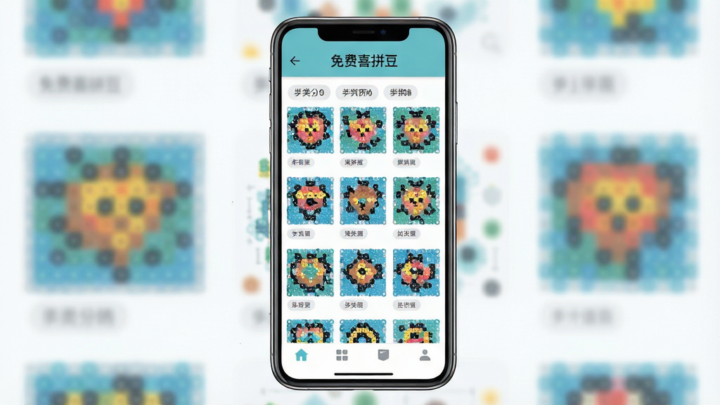 一幅展示免费喜拼豆应用内图纸分类页面的图片,画面主体为手机屏幕中排列整齐的拼豆图纸缩略图网格,布局为手机正面居中展示,排版为上下结构上方标题下方网格,风格为扁平化UI风格,细节包括多彩图纸缩略图、分类标签文字、底部导航栏图标,画质高清、干净、无多余元素