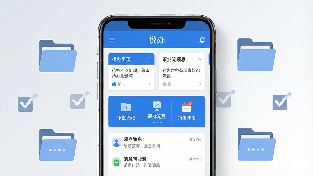 一张手机屏幕展示移动办公应用的界面,画面中央是一部竖屏安卓手机,手机屏幕内显示蓝色与白色为主色调的办公协作软件界面,顶部有“悦办”文字标识,界面中排列着待办事项卡片、审批流程图标和消息通知列表,手机周围散落着几份简洁的文件夹图标和勾选标记,整体布局居中对称,风格为现代扁平化科技风,细节上手机边缘有轻微反光,背景为干净的浅灰到白色渐变,画质清晰锐利,无多余元素干扰。
