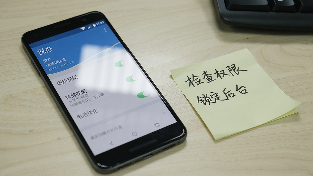 一部安卓手机放在办公桌上,屏幕显示“悦办”设置界面,界面中有通知权限、存储权限、电池优化等选项开关,手机旁边有一张手写的便签纸写着“检查权限”和“锁定后台”,布局为斜角拍摄,风格为真实办公场景,细节上手机屏幕有自然反光,背景为浅色桌面和键盘边缘,画质清晰,无杂乱元素。