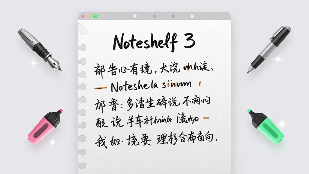 一张展示 Noteshelf 3 手写笔迹效果的图片,画面中央是一张数字纸张,纸上写着“Noteshelf 3”和几行中文手写笔记,笔迹有粗细变化,旁边漂浮着钢笔、圆珠笔、荧光笔三种工具图标,背景是柔和的浅灰色,整体采用干净的产品展示风格,构图居中,排版整齐,细节包括笔尖墨水渐变、纸张纹理、工具图标的高光,画质清晰,干净,无多余元素