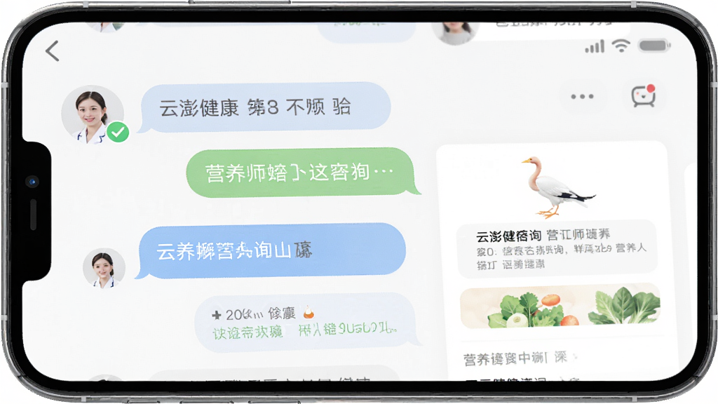 云澎健康APP营养师咨询聊天界面,主体为手机屏幕显示对话气泡与营养建议卡片,布局上下结构,排版整齐,风格亲和专业,细节包括营养师头像、绿色对勾标识,画质清晰,干净,无多余元素