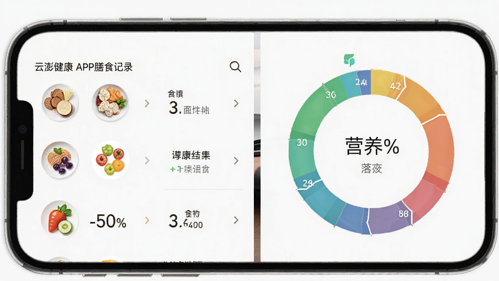 云澎健康APP膳食记录界面截图,主体为手机屏幕显示食物识别结果与营养环形图,布局左对齐,排版清晰,风格现代简约,细节包括色彩丰富的食物图标、数据百分比,画质高清,干净,无多余元素