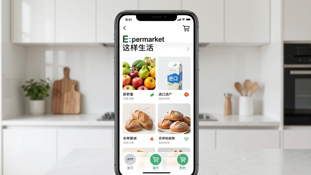 画面中央是手机屏幕,屏幕内显示“Epermarket这样生活”应用首页,有新鲜水果、进口牛奶、烘焙面包等商品陈列,背景是简约现代厨房场景,布局为居中构图,排版清晰,风格为写实生活摄影,细节包括商品标签和购物车图标,画质高清,干净,无多余元素