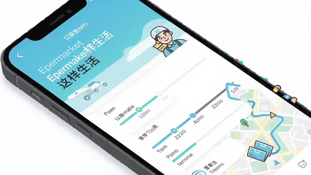 画面主体为一部智能手机,屏幕显示“Epermarket这样生活”的订单跟踪页面,旁边有配送员图标和地图路线,布局为对角线构图,风格为扁平化插画,细节包括时间轴和进度条,画质高清,干净,无多余元素
